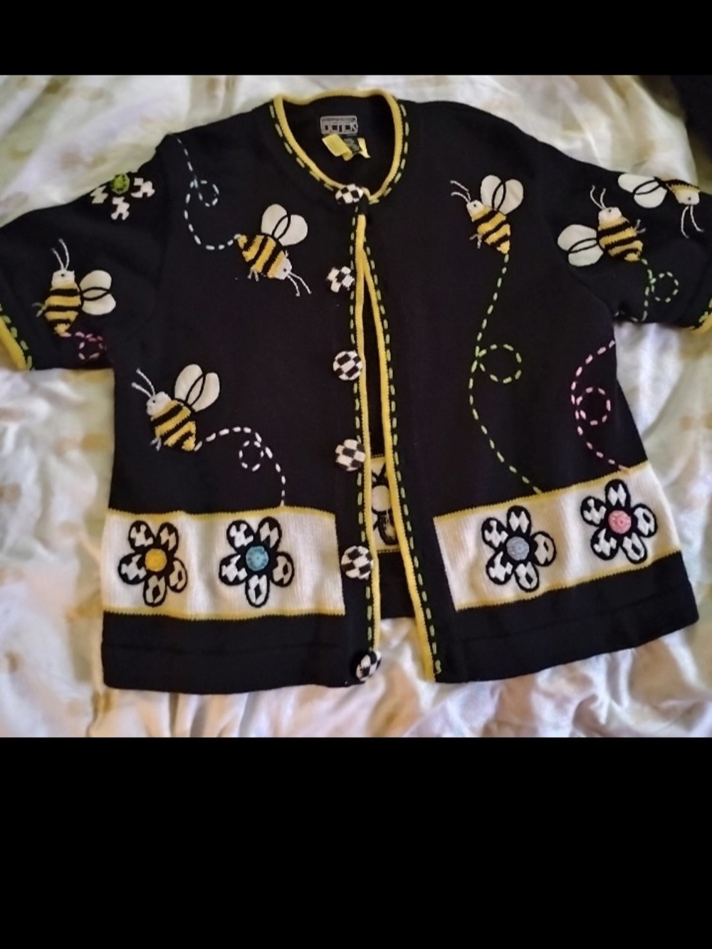 berek Black Cardigan Sweater with Yellow Bee and White Floral Accents